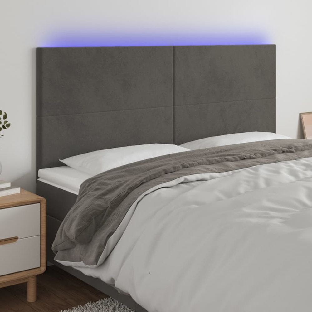 Vidaxl Čelo postele s LED tmavosivé 160x5x118/128 cm zamat